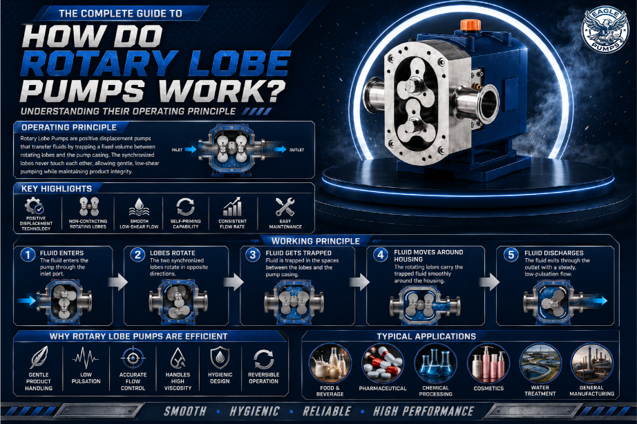 Infographic showing the working principle and operational efficiency of Eagle Pumps rotary lobe pumps